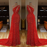 Bling Red One Shoulder Sequins Sexy Sheath Prom Dress